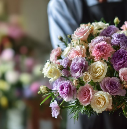 Hand holding floral arrangement reflecting care at funeral homes Lumberton, NJ.