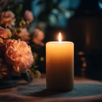 Lit memorial candle beside flowers creates comforting remembrance setting in Eastampton Township, NJ.