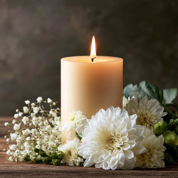 Lit candle with white flowers symbolizes remembrance in Lumberton, NJ.