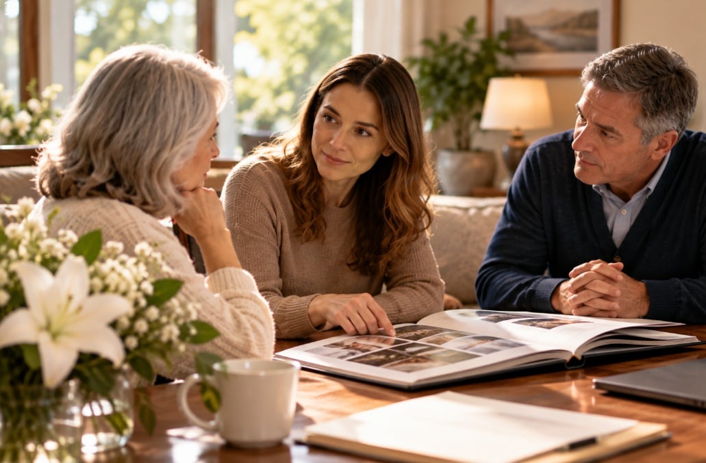 Family reviewing photos while discussing memorial decisions in Lumberton, NJ.