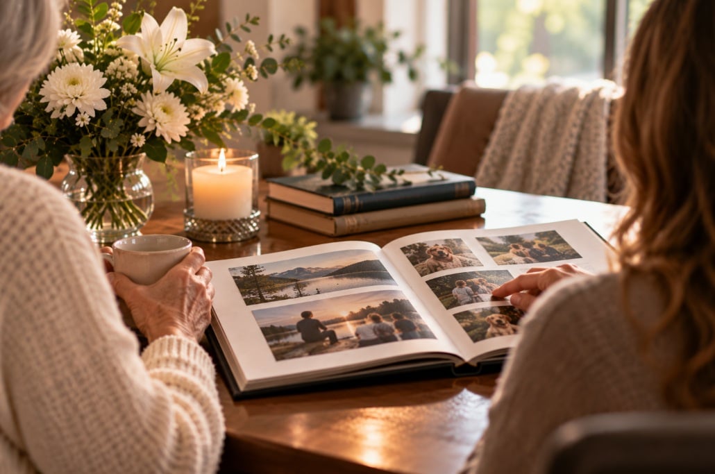 Family reviewing photos while planning a later gathering in Mount Holly, NJ.