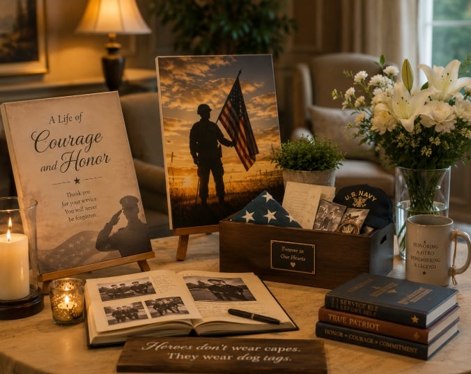Veteran memory table sharing personal stories in Eastampton Township, NJ.